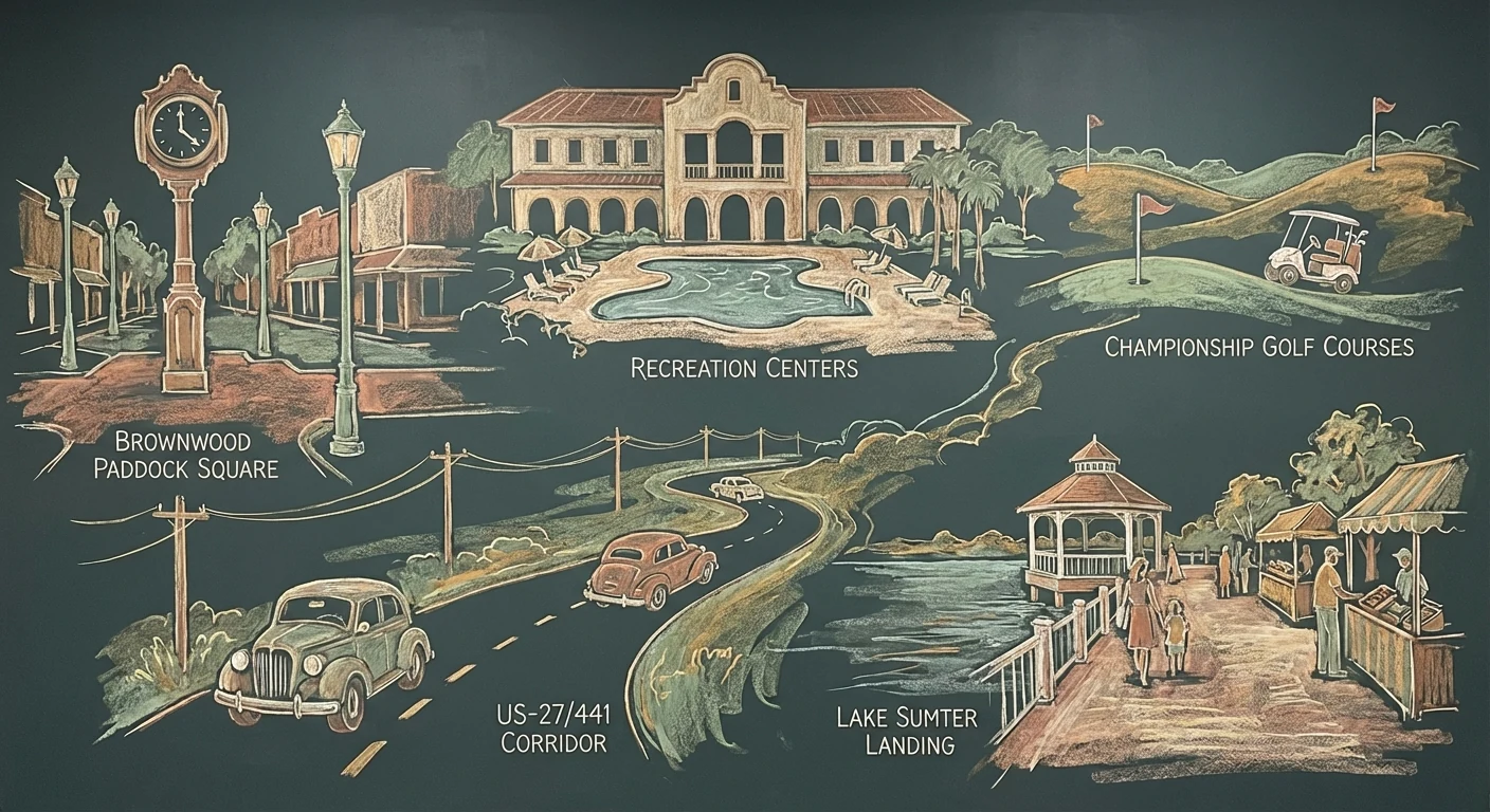 Village of Tall Trees chalk illustration